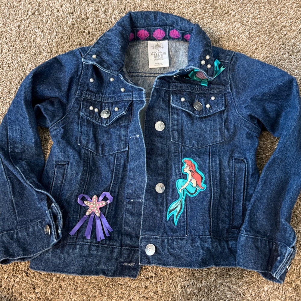 Girls Dark Blue Denim Jacket with Mermaid (Ariel) Patch